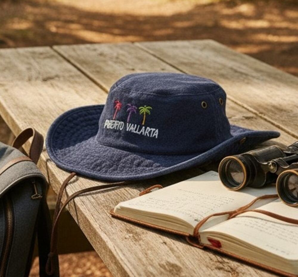 Puerto Vallarta Blue Denim Safari Outback Hat with Chin Strap Embroidered